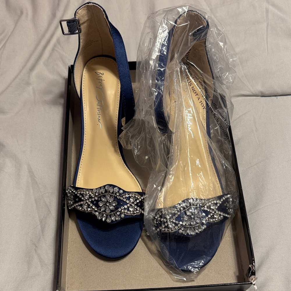 Betsey Johnson Navy Satin Heels with Crystal Embellishments